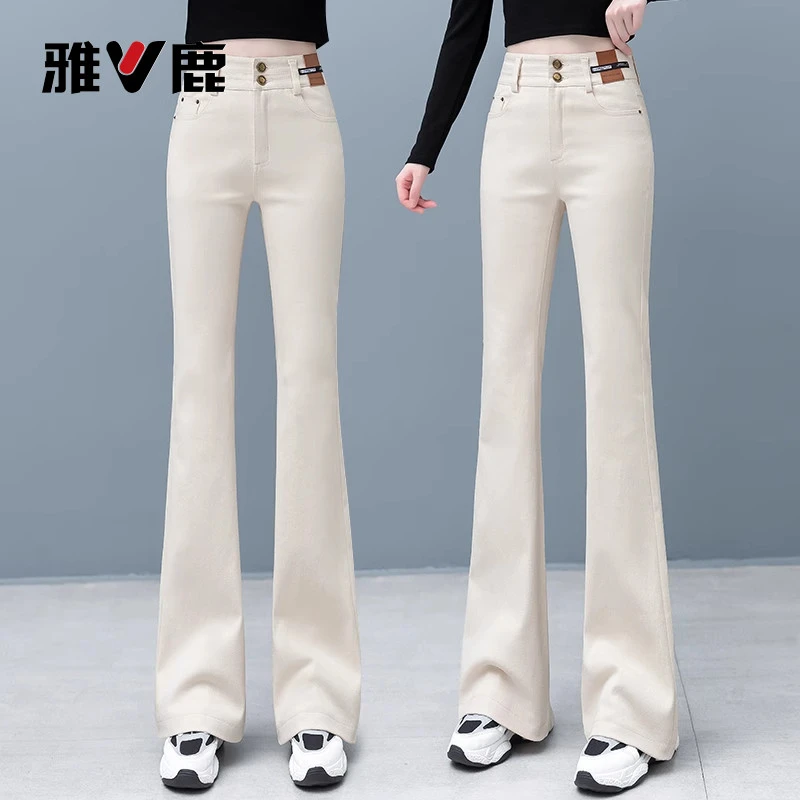 雅鹿时尚潮流加绒牛仔裤女2025秋冬新款高腰弹力马蹄裤喇叭裤