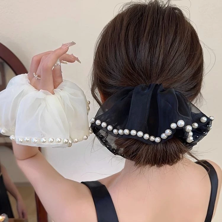 优雅气质大肠发圈女高级感珠珠皮筋女扎头绳低马尾欧根纱发绳头饰