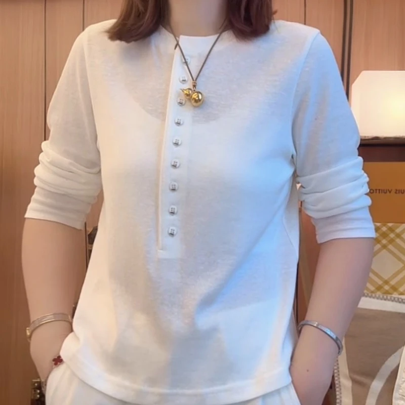 新款柔软舒适半排扣设计T恤简约百搭圆领长袖LK2506751