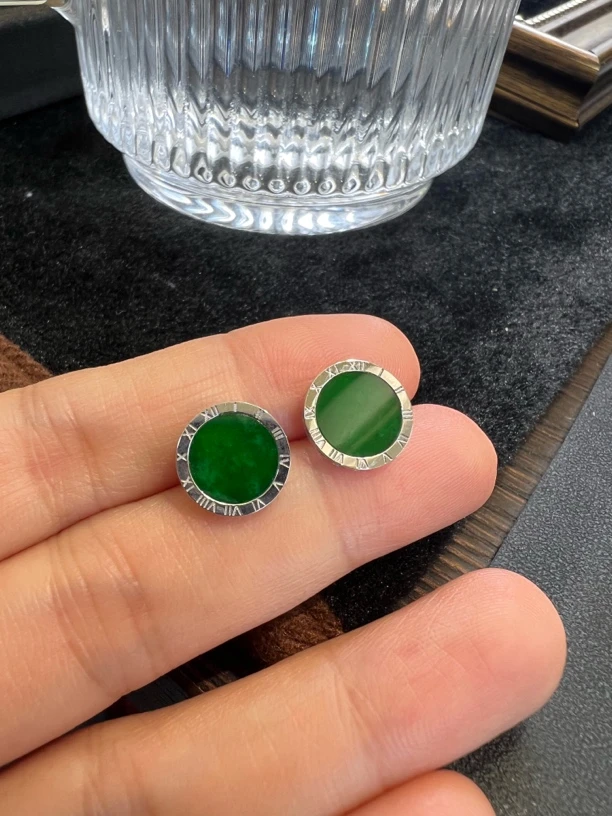 自然光·18K（白）金·圆无事牌耳钉天然缅甸翡翠翡翠耳钉
