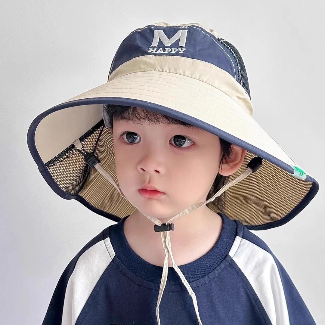 儿童披肩速干遮阳帽夏男大童户外登山网眼透气太阳帽女童渔夫