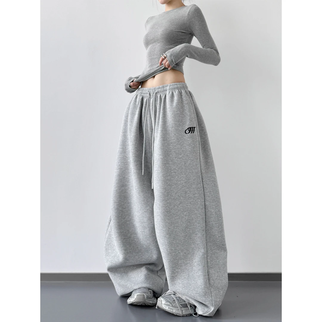 米白色运动裤女2025秋季新款高腰宽松显瘦休闲运动卫裤直筒阔腿