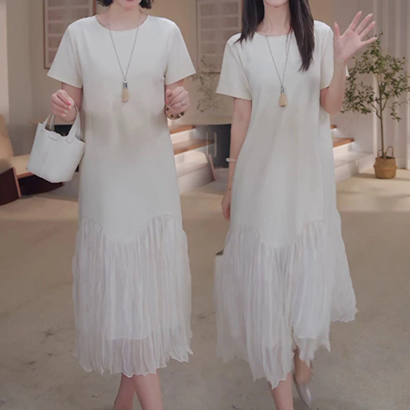 法式气质复古拼接网纱连衣裙女2025夏季新款宽松遮肉显瘦中长裙子