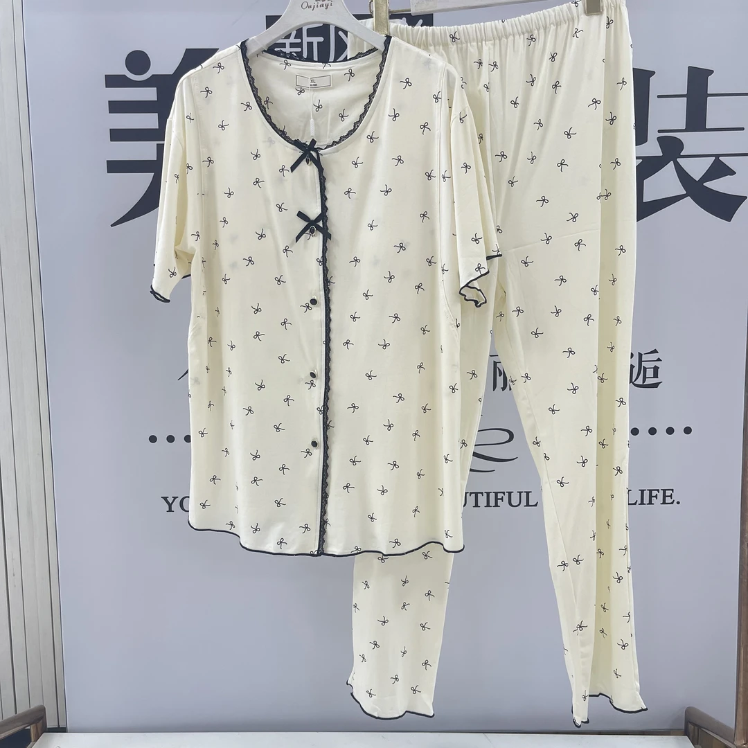 夏季纯棉孕妇睡衣带胸垫喂奶短袖长裤蝴蝶结甜美法式哺乳家居服