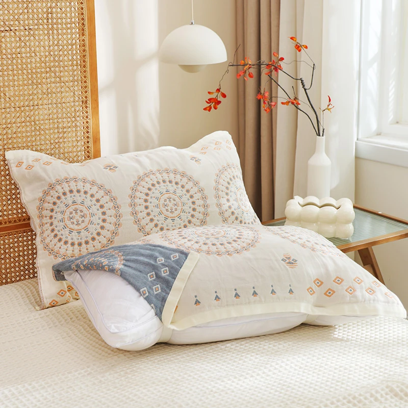 【京かわ会社】一对装纯棉纱布枕巾 带绑带全棉柔软家用枕头巾 万福