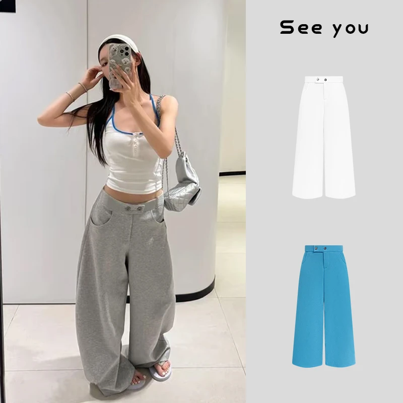 夏日高棉方腰头压褶设计感阔腿休闲裤微型弯刀裤x1070