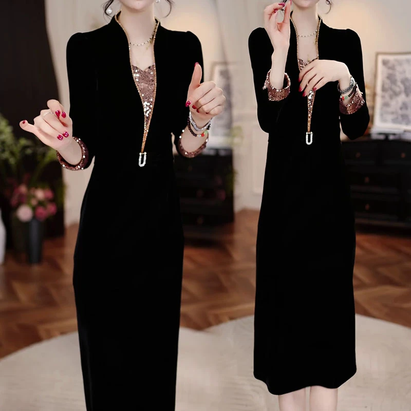 2025秋季新款时尚气质优雅简约风休闲百搭收腰显瘦遮肉长袖连衣裙