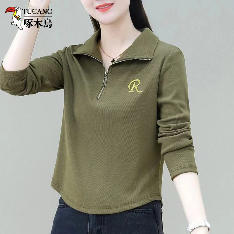 啄木鸟2025早秋薄款翻领大码宽松显瘦上衣设计感别致刺绣T恤减龄