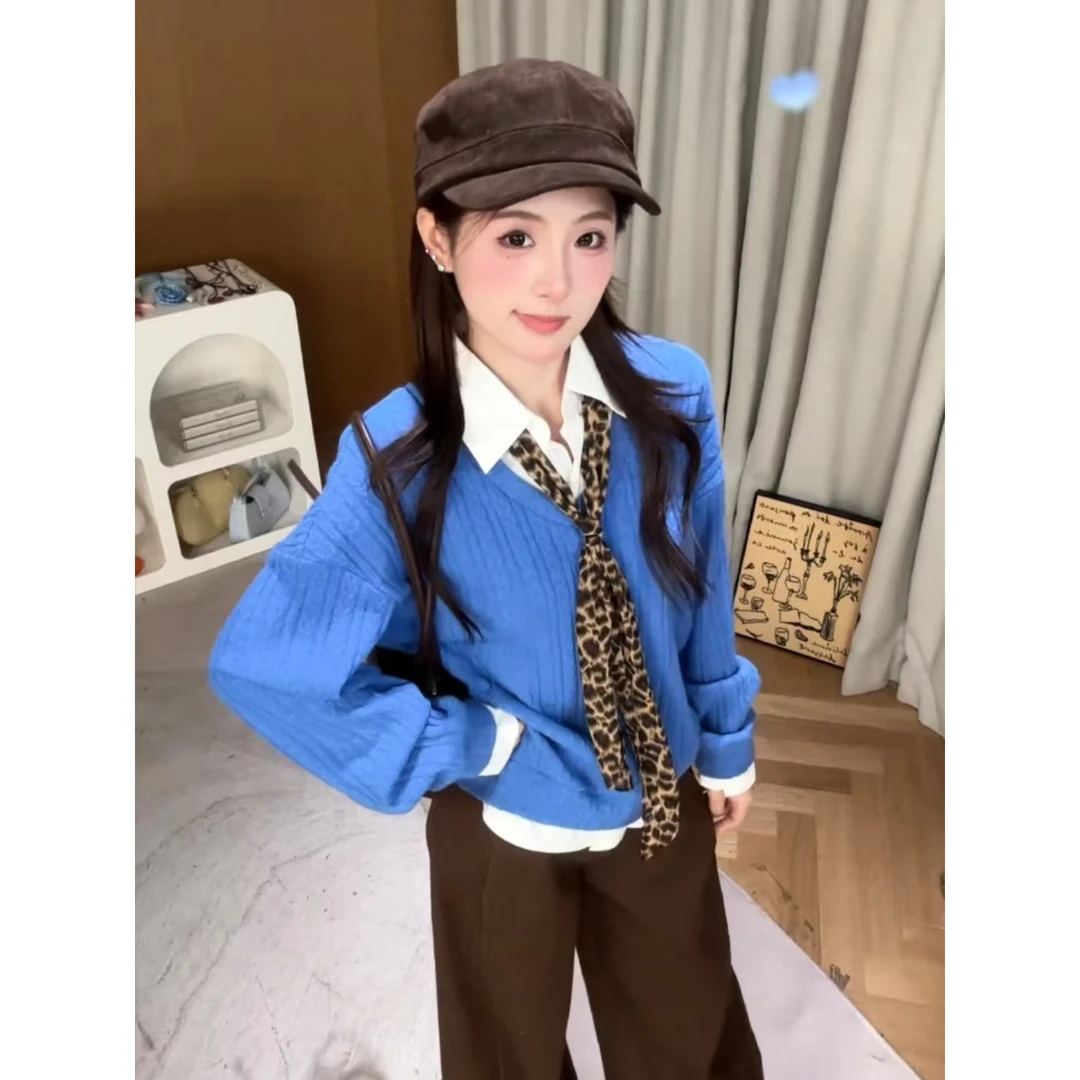 克莱因蓝polo领假两件针织衫女秋冬内搭毛衣高级感巨好看修身上衣