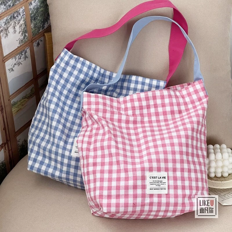原创设计撞色格子甜美可爱单肩帆布包袋森系文艺小清新学生托特包