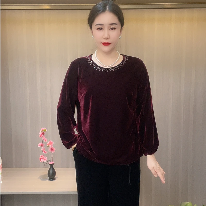 2025秋季圆领长袖中高档中老年女装T恤气质宽松加肥时尚妈妈装