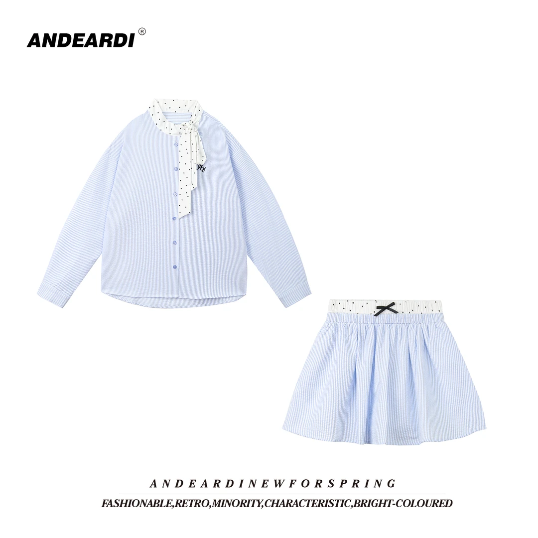 ANDEARDI俏皮蝴蝶结活力衬衫女春季宽松显瘦裤裙套装