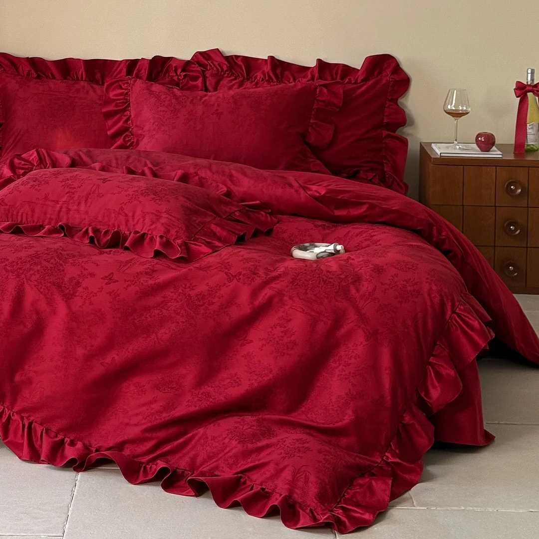 水星高端系列家纺法式浪漫婚庆丨结婚四件套纯棉长绒棉床单被套高