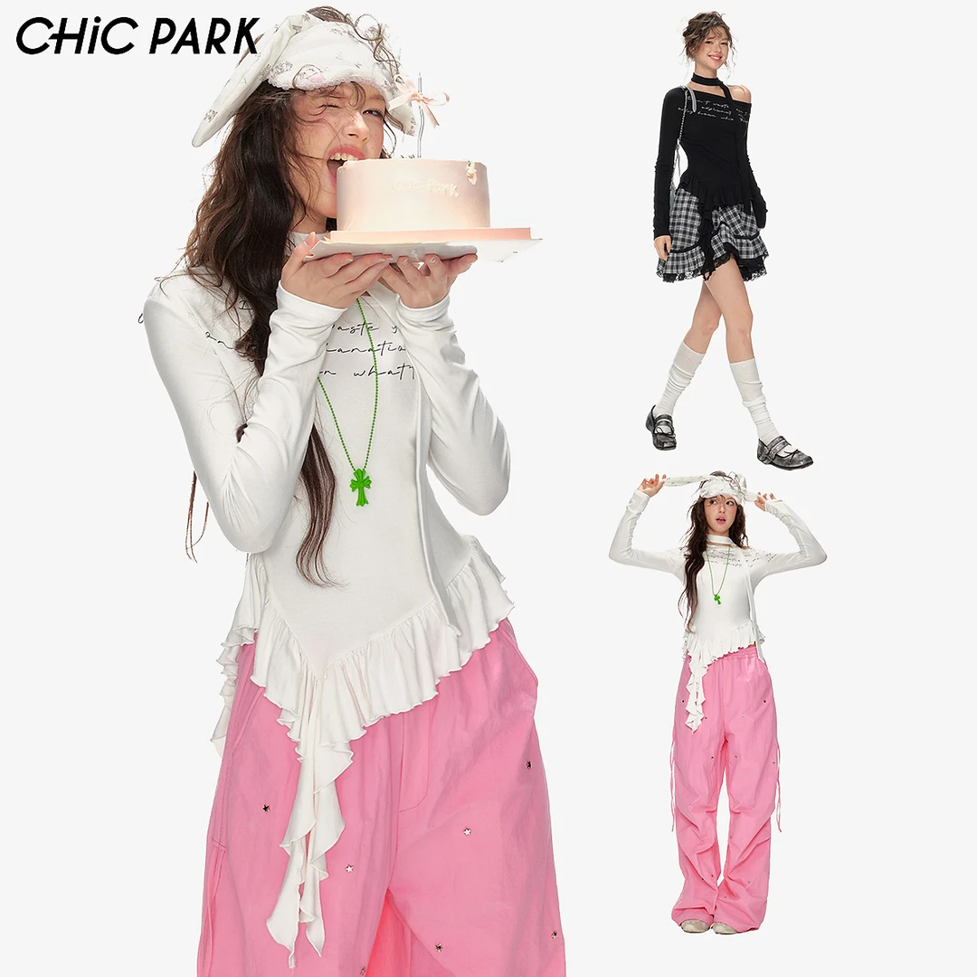 CHiCPARK甜辣风修身字母印花长袖T恤荷叶边慵懒感斜肩上衣FAT103