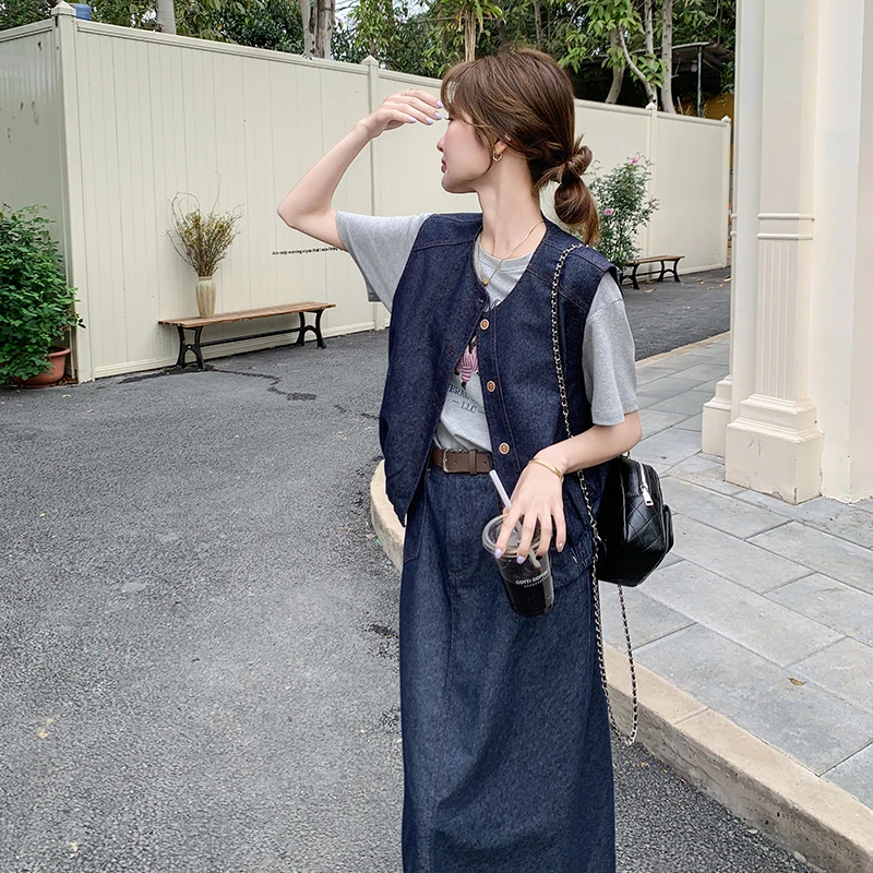 韩系复古时尚牛仔套装裙女2025春夏新款休闲显瘦马甲半身裙两件套