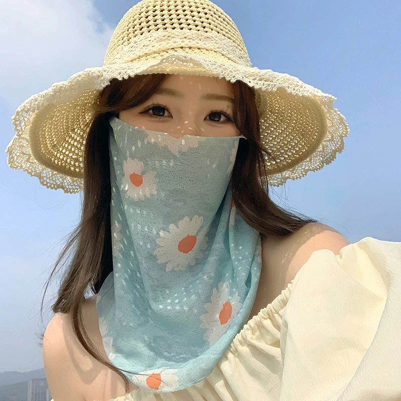 夏季全脸防晒面罩女防紫外线碎花开车骑行面纱口罩遮脖子护颈脖套