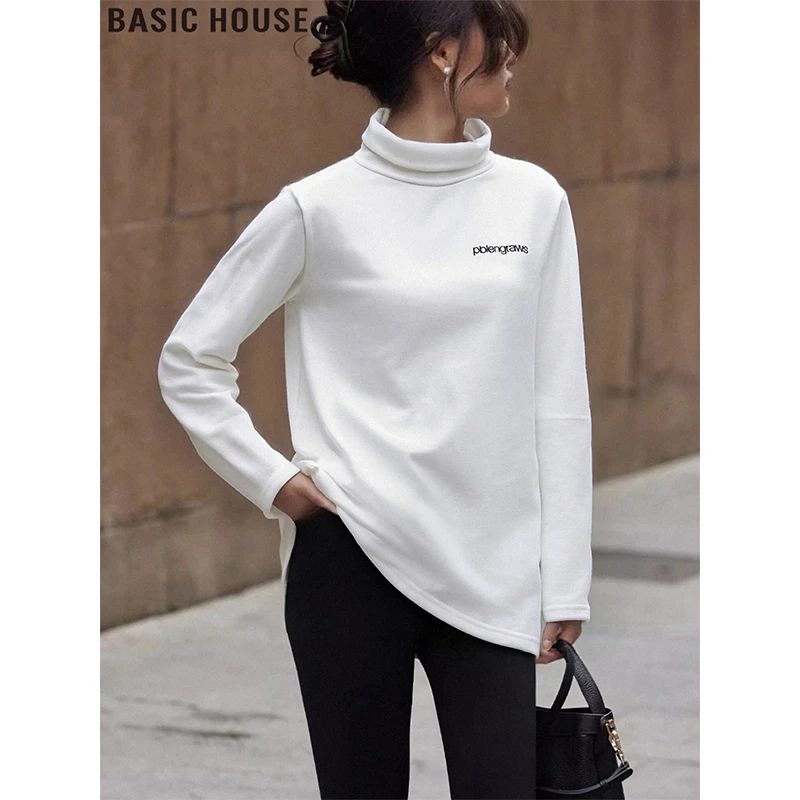 Basic House/百家好白色高领长袖T恤简约印花套头上衣女2026秋冬