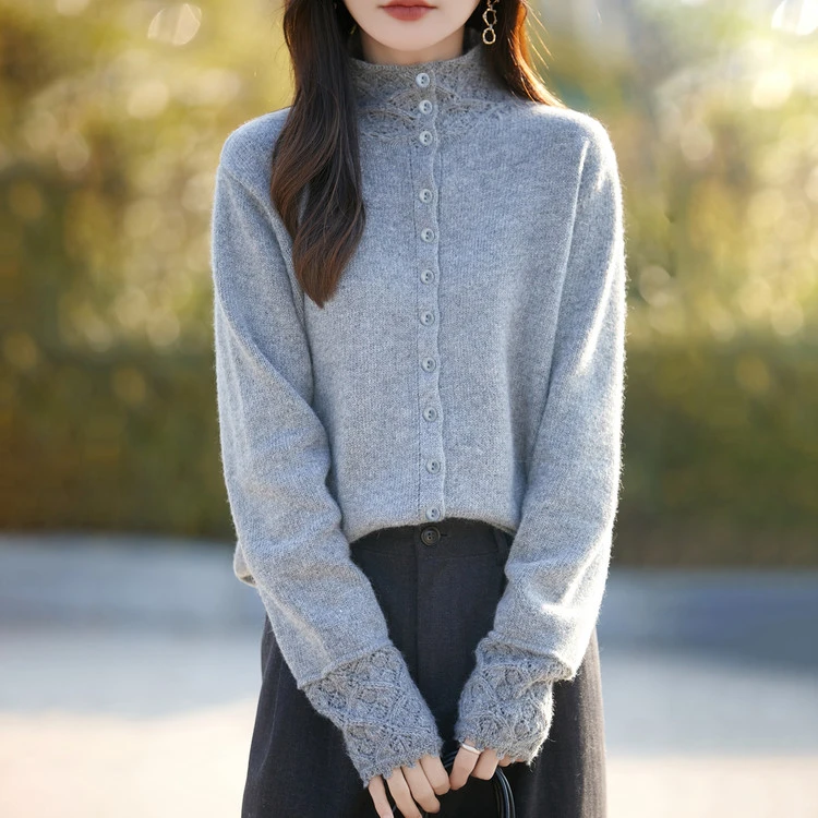 纯100羊毛衫女士优雅内搭时尚毛衣秋冬半高领钩花单排扣打底上衣