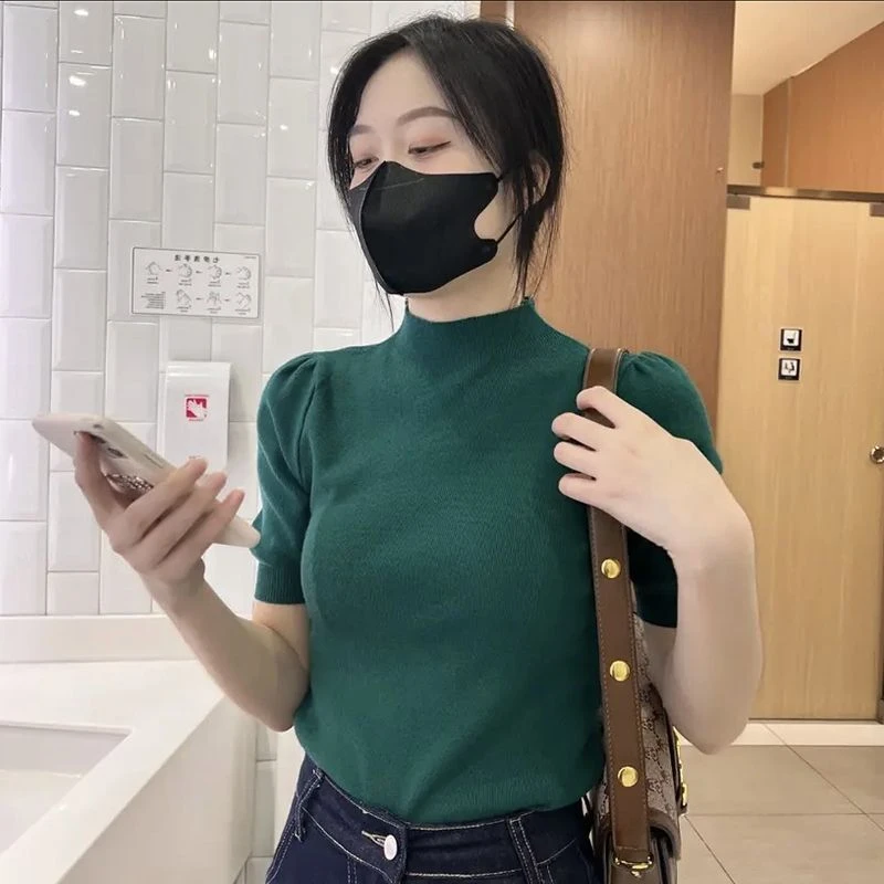短款修身泡泡袖上衣夏季2025新款半高领短百搭显瘦袖打底针织衫女