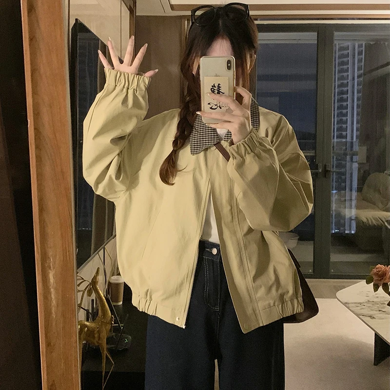 学院风卡其色格子翻领工装短外套2025新款复古休闲巴恩风夹克上衣