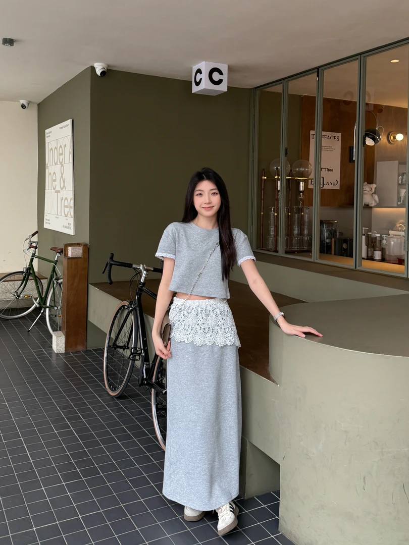 气质时尚轻奢高定套装裙花边拼接短袖蕾丝拼接半身裙