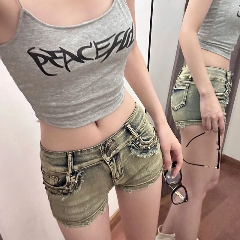 复古高街低腰牛仔短裤女装夏季新款铆钉设计做旧弹力修身包臀热裤