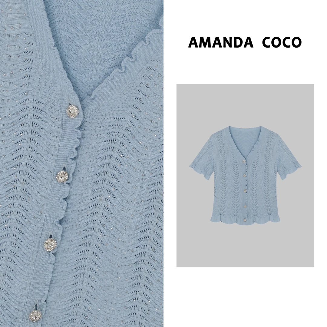 温柔南法～夏季欧若风波浪纹理感荷叶边优雅短袖针织衫