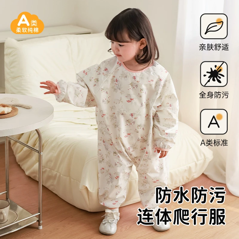 宝宝连体罩衣全身防水防脏四季外穿儿童围裙吃饭辅食婴儿爬爬服