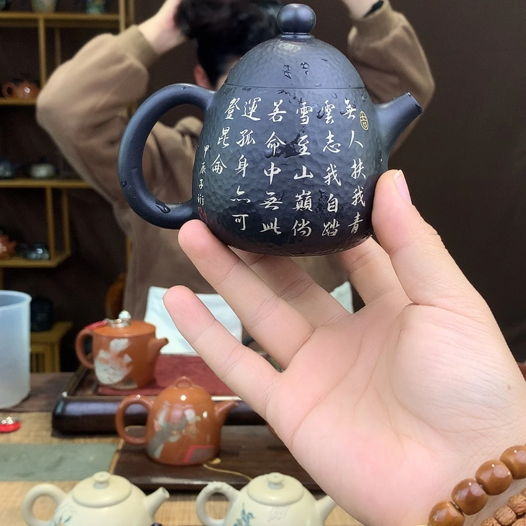 壶建水紫陶彩填锤纹茶壶微瑕016