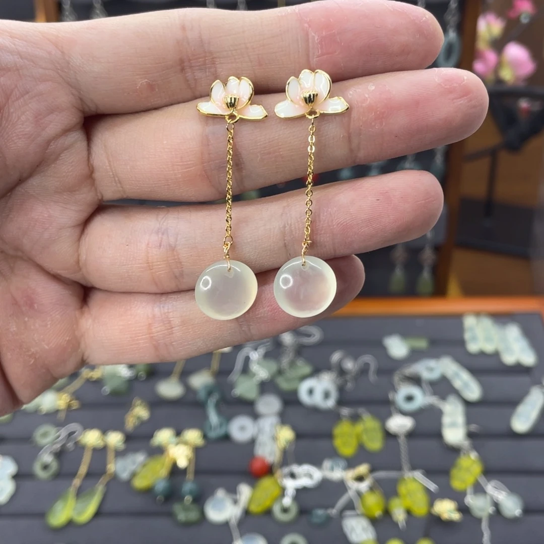 蛇纹石玉耳饰银S925镀金镶嵌黑**喵