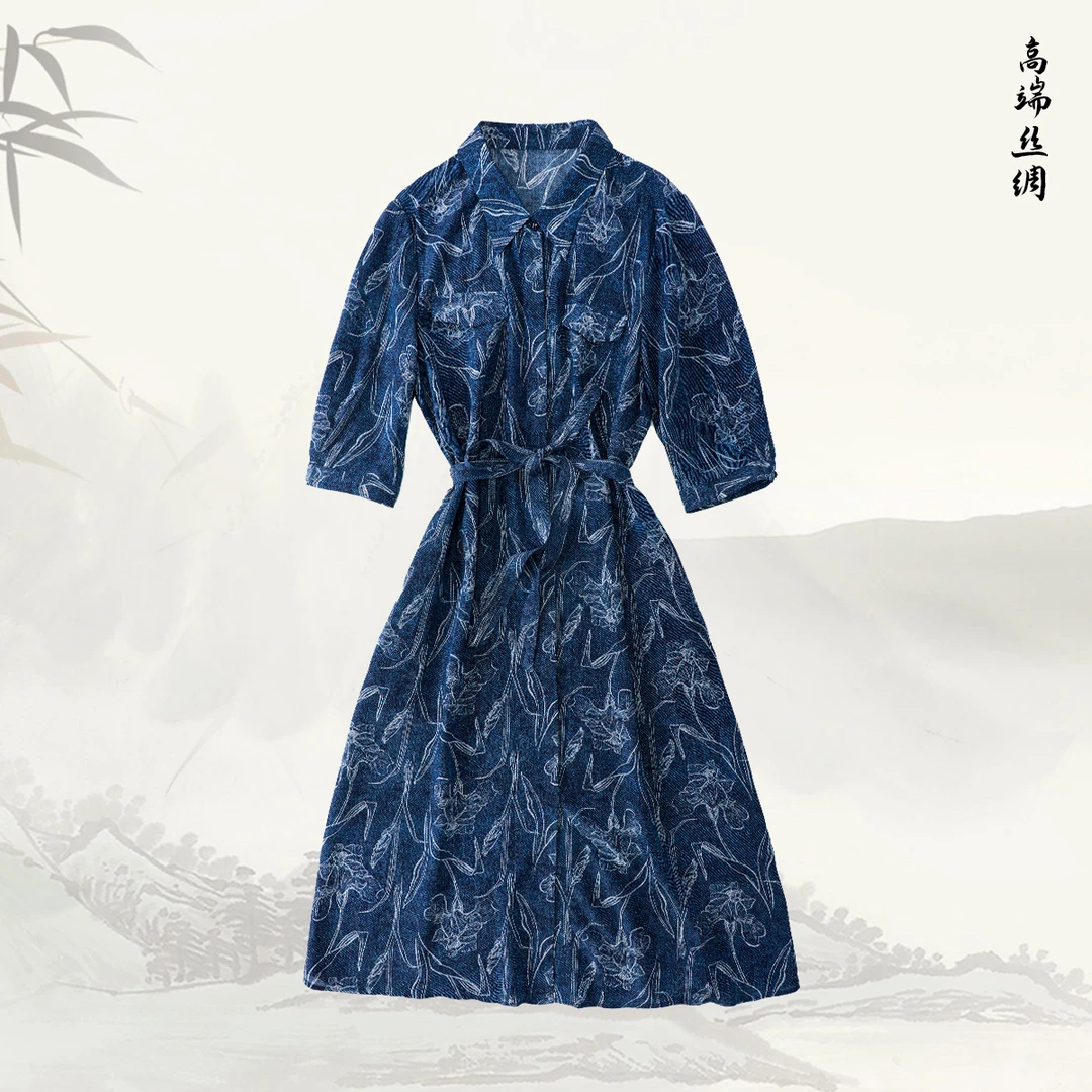 【风掠幽兰 】品牌新款牛仔蓝桑蚕丝中长款印花连衣裙519968