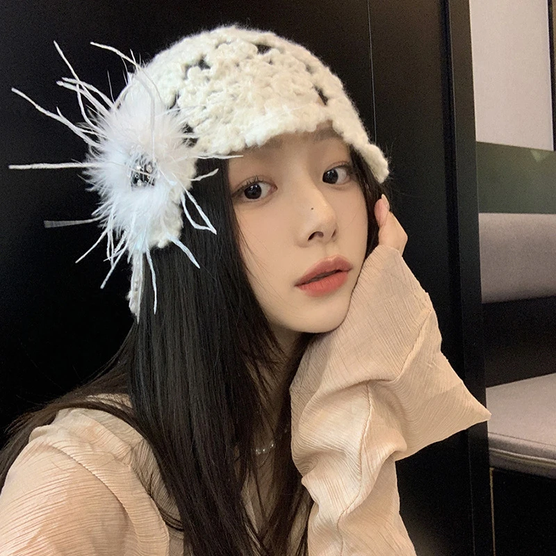 【WEN】手工针织包头帽女春秋百搭甜美针织帽法式优雅雪花堆堆帽