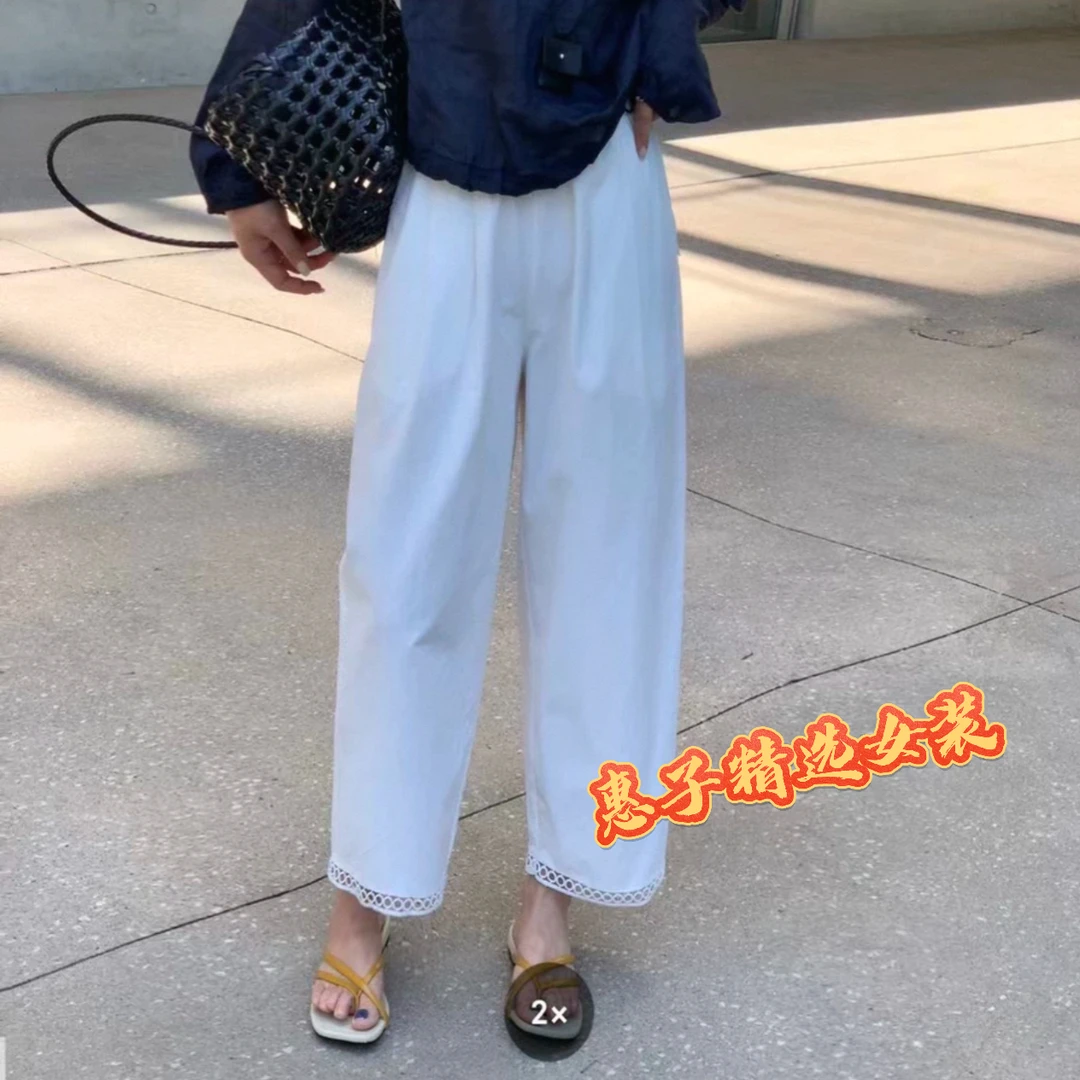 夏季纯色九分裤新款时尚休闲洋气花边设计显瘦松紧腰时髦百搭裤女