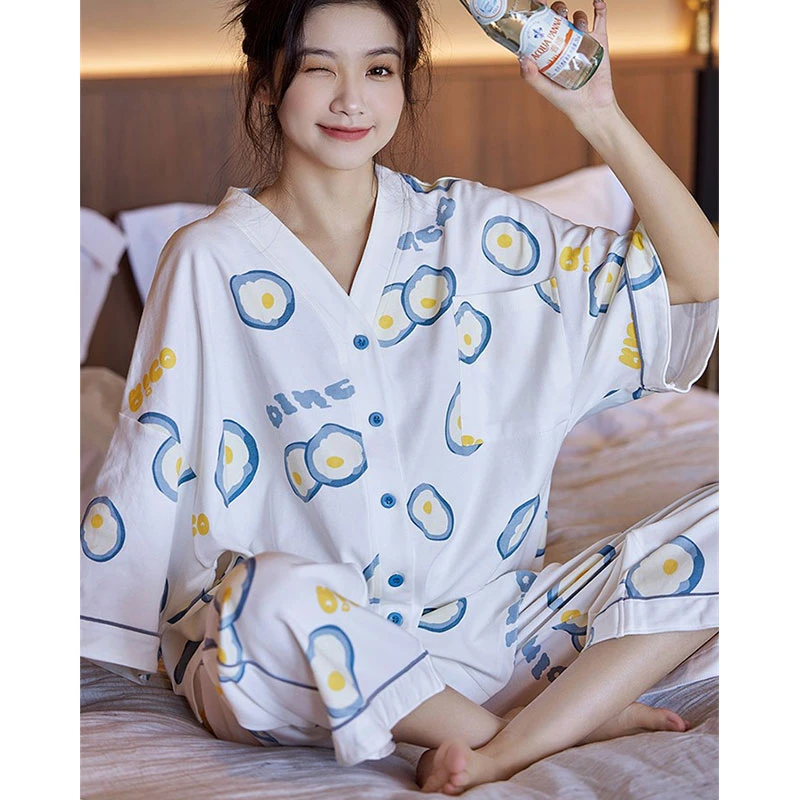 断码清~棉睡衣女夏套头七分袖七分裤家居服套装