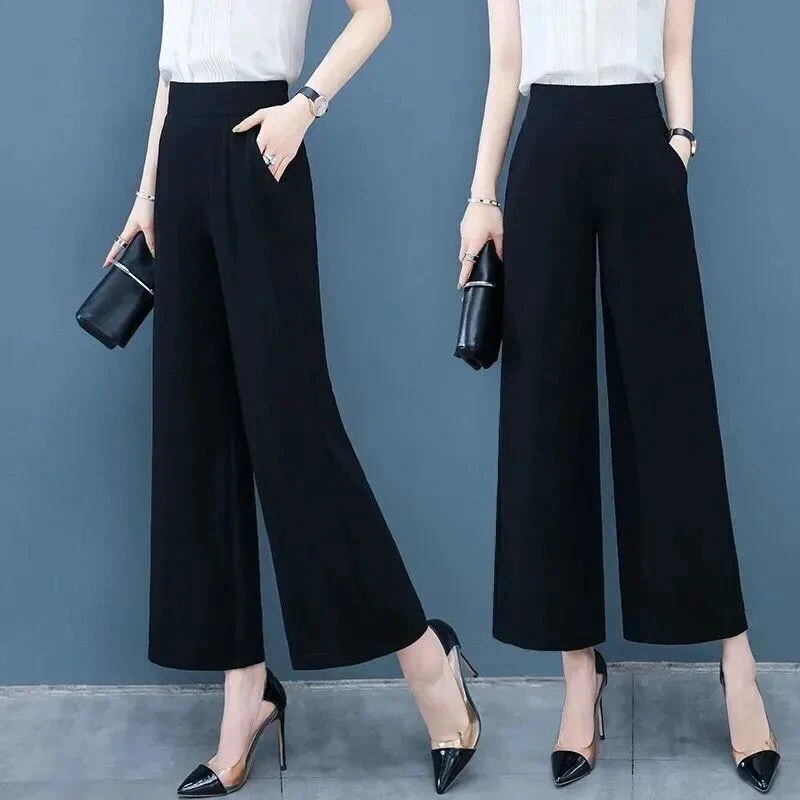阔腿裤女九分裤夏季新款时尚气质高腰显瘦宽松直筒七分裤黑色长裤