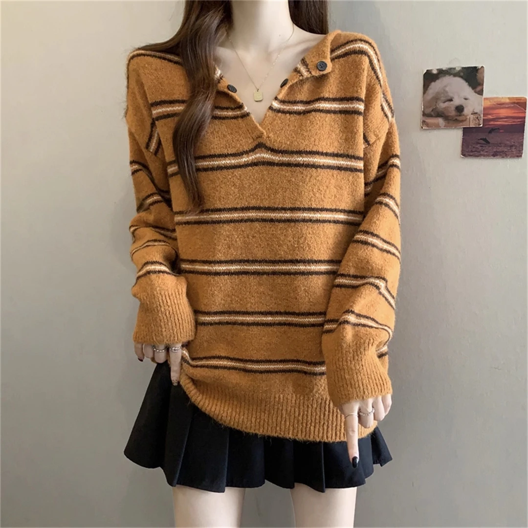 复古条纹V领针织打底衫女秋冬新款大码胖MM显瘦宽松减龄正肩上衣