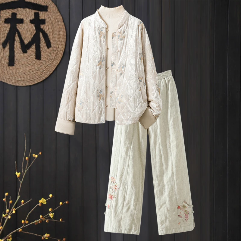 复古民族风盘扣棉衣外套女士冬季新款国风刺绣棉服高腰棉裤两件套