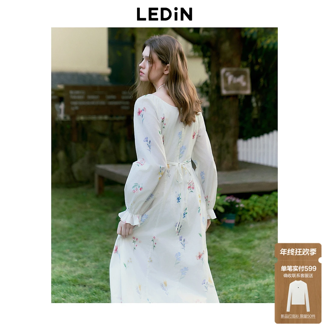 【欧若风】乐町植物碎花长袖连衣裙女25年春新款显瘦显U领连衣裙