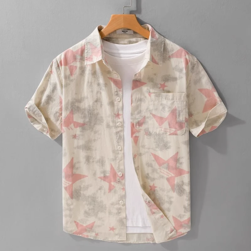 法国Cebrodz潮流印花短袖衬衫夏季新款文艺男宽松纯棉薄款花衬衣