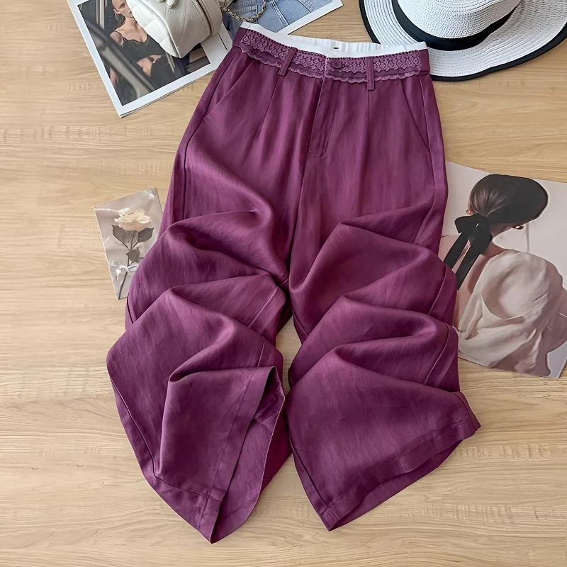 紫色亚麻休闲阔腿裤女2025年夏季新款薄款垂感凉凉裤子休闲直筒裤