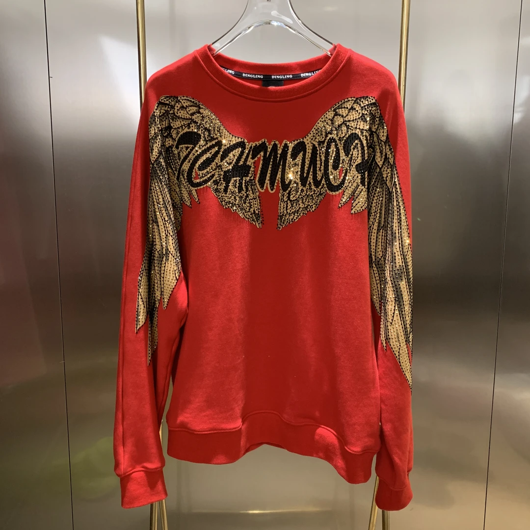 红色翅膀圆领水洗卫衣女士女装时尚重工秋季红色休闲潮流轻奢