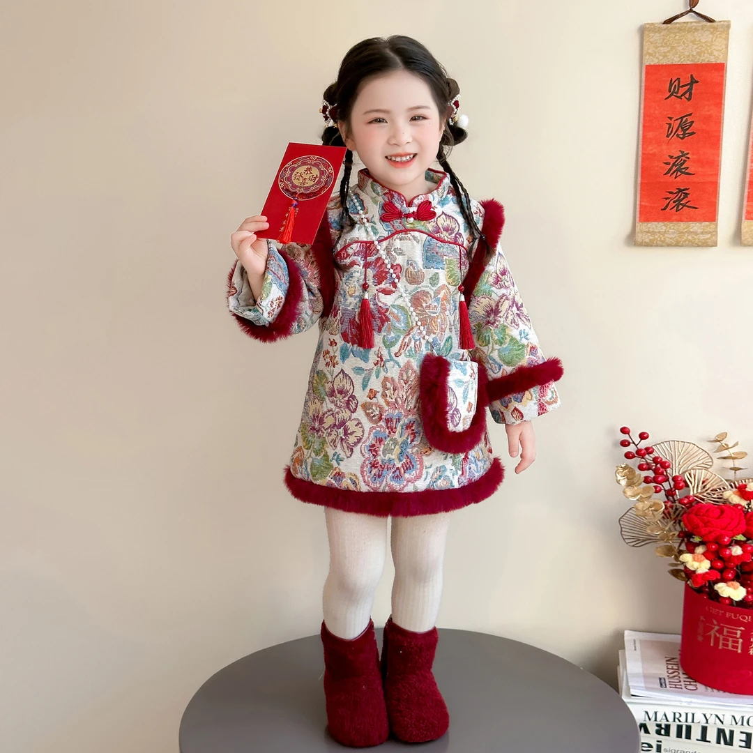 女童旗袍裙拜年服2025新款周岁女孩国风唐装女宝宝加厚汉服新年装