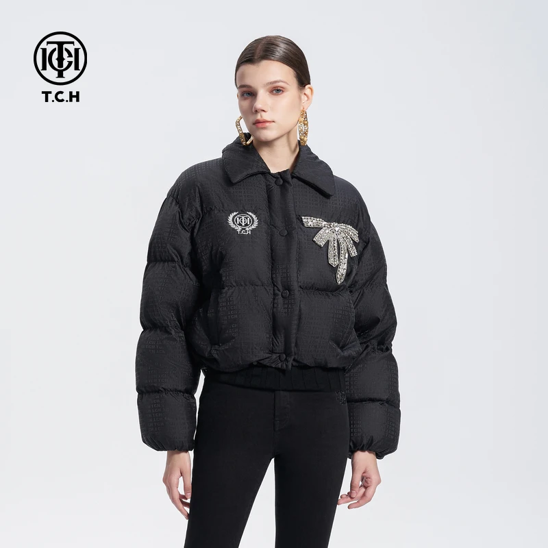 TCH 高定手工蝴蝶结烫钻暗纹翻驳领短款保暖女士T72D198022