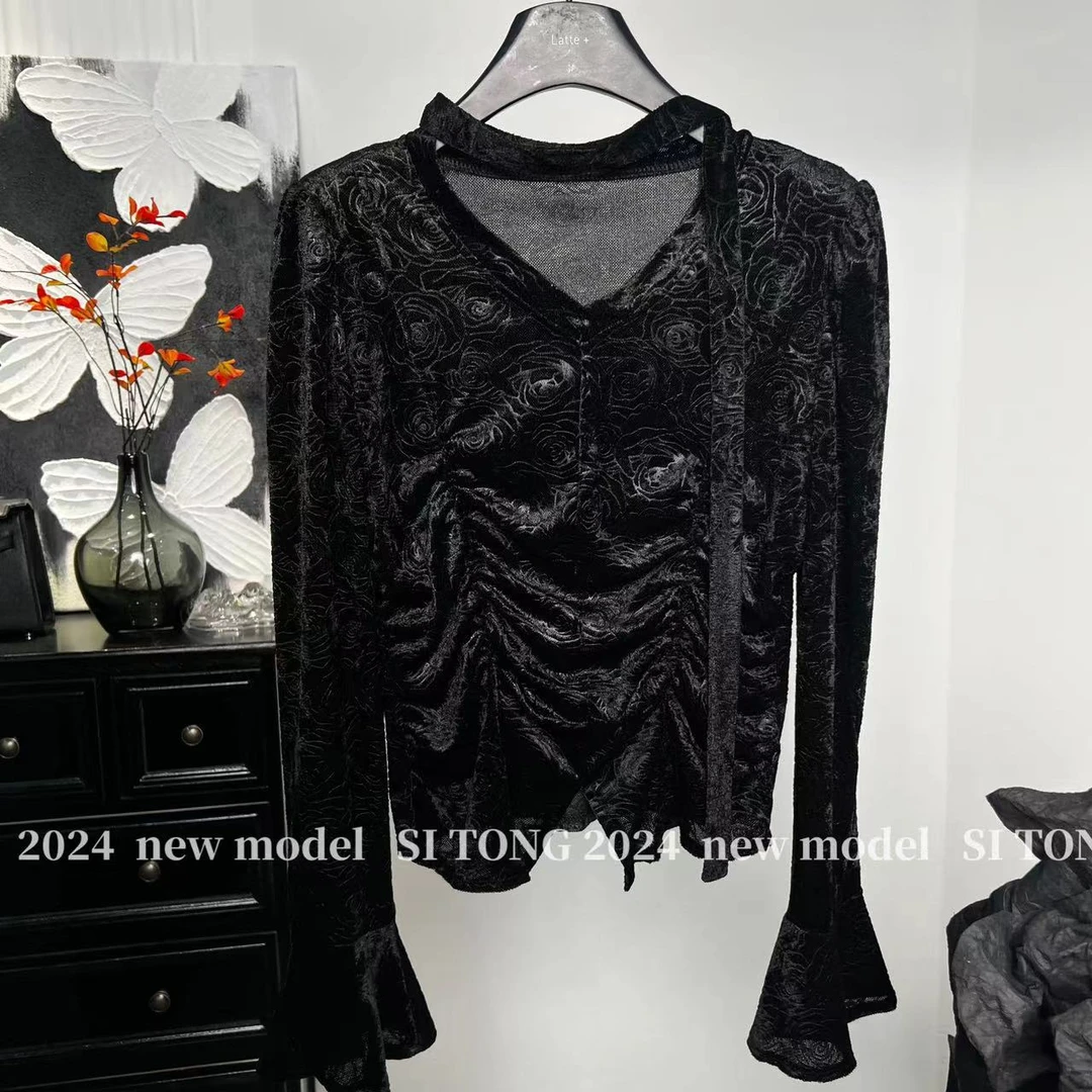 （蔷薇）气质长袖黑色百搭时尚显瘦上衣