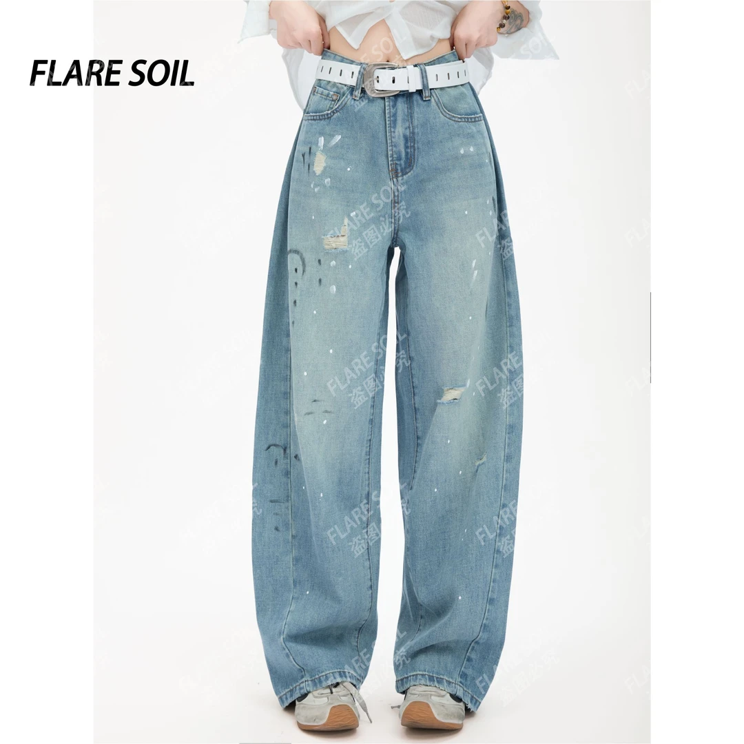 【FLARE SOIL】（现货）泼墨长裤休闲做旧牛仔裤褶皱破洞水洗T462B