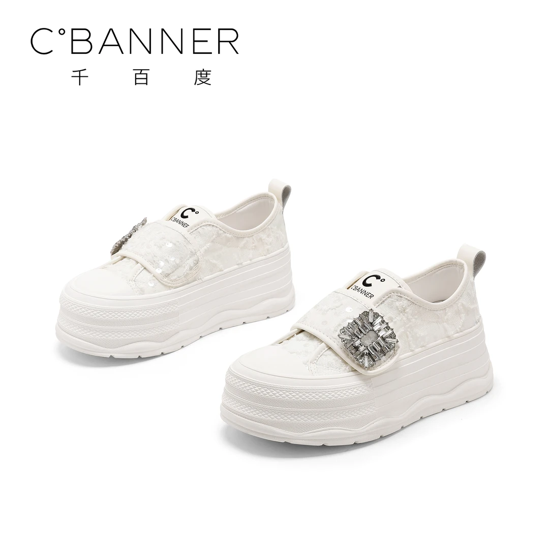 千百度厚底小众休闲鞋2025新款透气百搭时尚舒适水钻软底小白鞋