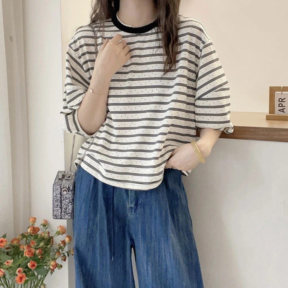 新款设计感小波点泡泡袖条纹短袖T恤女夏装2025破洞时尚洋气上衣