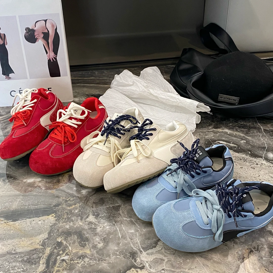 【现货】复古红色德训鞋女新款圆头板鞋休闲小板鞋德迅