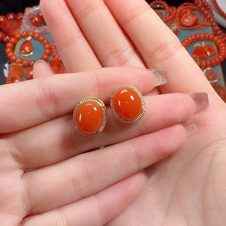 南红玛瑙银S925镶嵌顶货耳饰