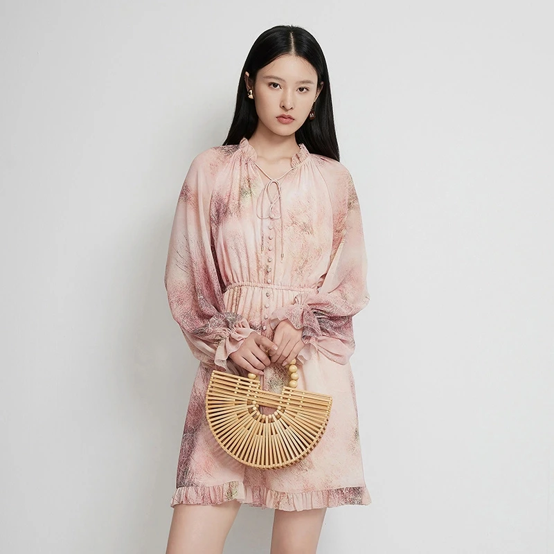 Migaino/曼娅奴女装2025新款法式优雅别致印花收腰茶歇短裙
